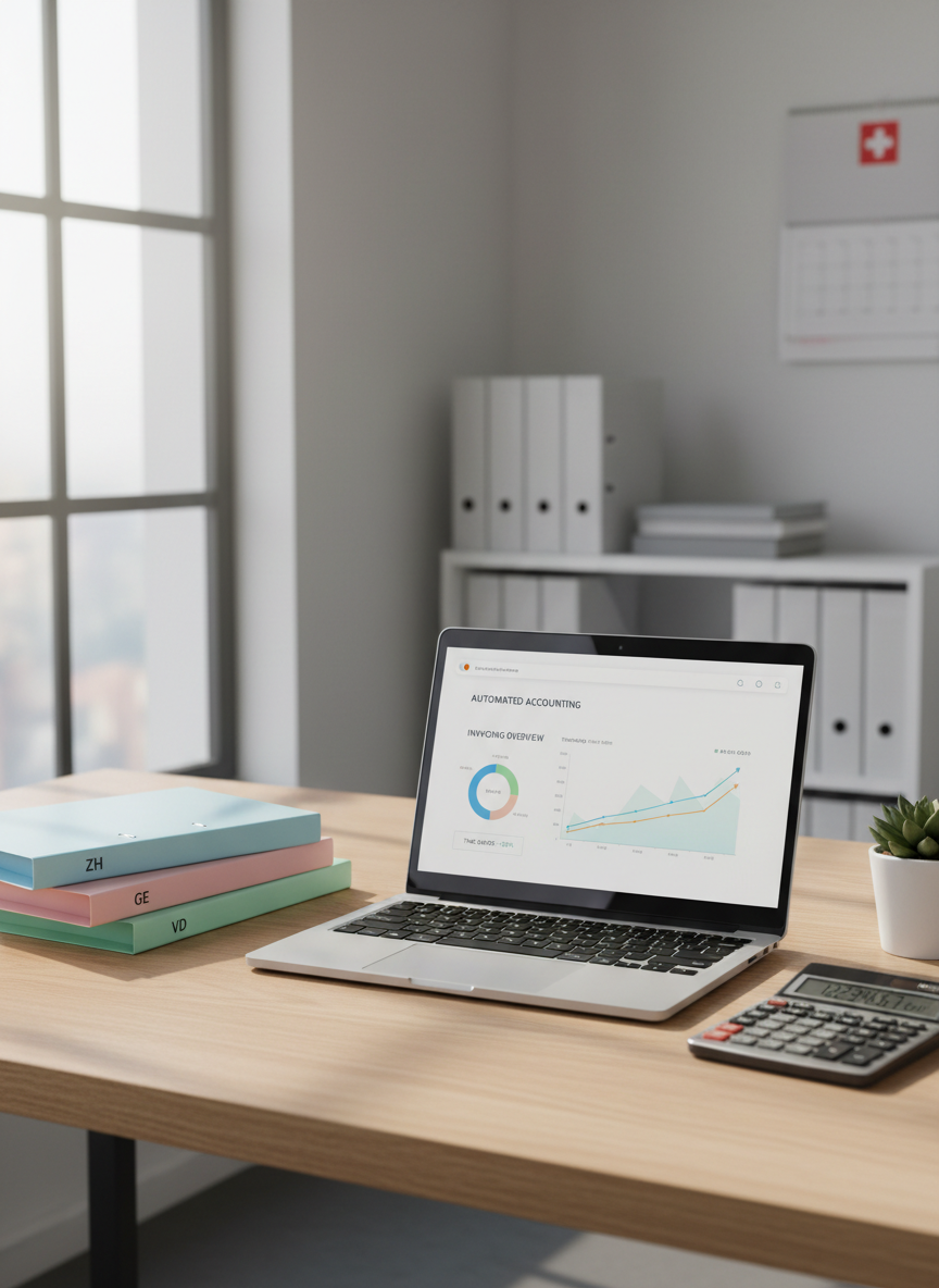 A sleek, modern workspace featuring a silver laptop open on a light oak desk, its screen displaying a clean dashboard of automated accounting and invoicing charts. Surrounding the laptop are neatly stacked pastel-colored folders labeled with Swiss cantonal abbreviations, a precise metal calculator, and a small, elegant desk plant in a white ceramic pot. Soft daylight from a large window to the left creates gentle reflections on the laptop’s metallic surface and subtle shadows under the objects. The background shows blurred shelves with organized binders and a discreet Swiss flag motif on a wall calendar. Photographic realism, eye-level composition with a slight angle, sharp focus on the laptop, and a calm, professional atmosphere that suggests efficiency and time savings for Swiss SMEs.